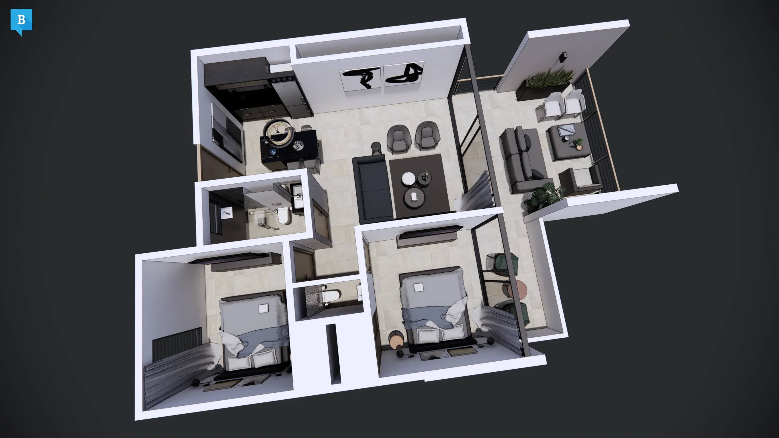 3D floor plan of a Playa Piskado apartment